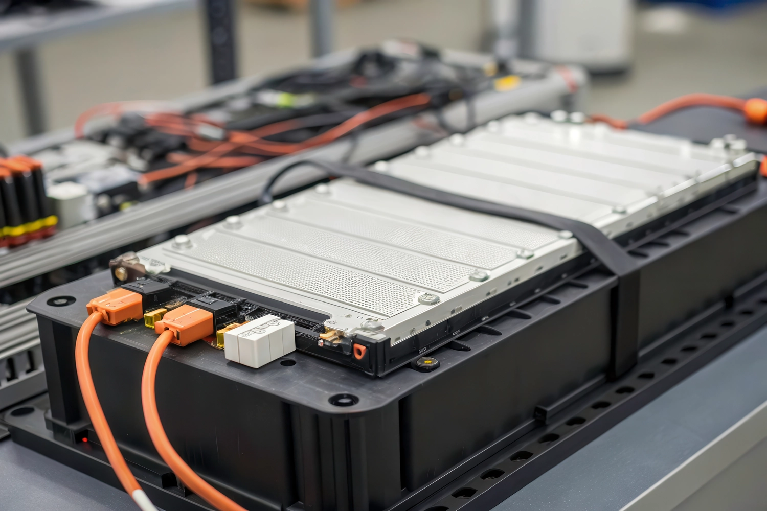 Nahaufnahme eines Elektrofahrzeug-Akkupacks mit Kabeln in niedriger Auflösung, generative KI
