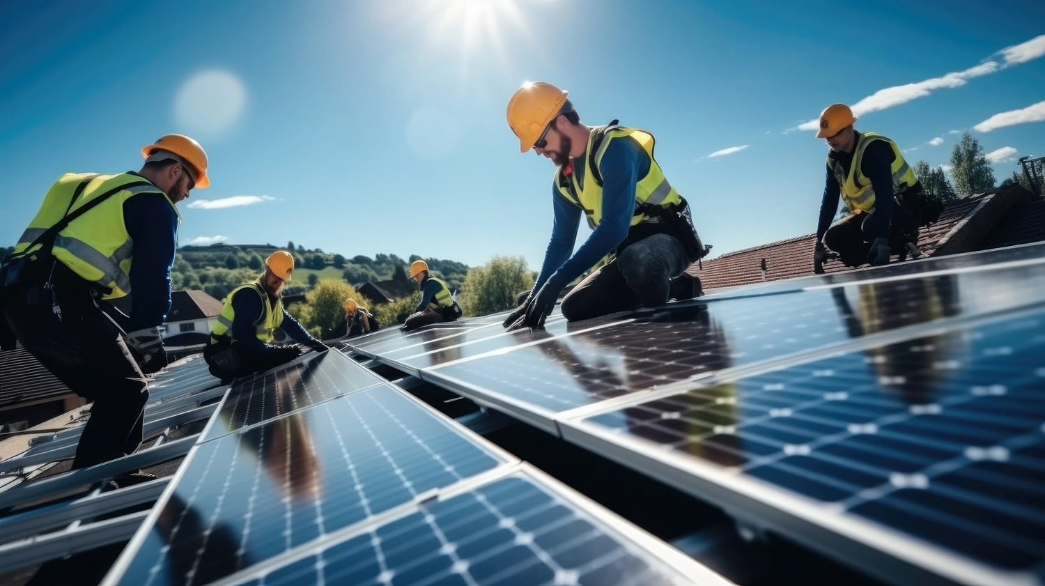 Eine Gruppe von Arbeitern installiert Photovoltaikmodule auf einem Gebäudedach. Arbeitsplätze im Bereich nachhaltige Energie.